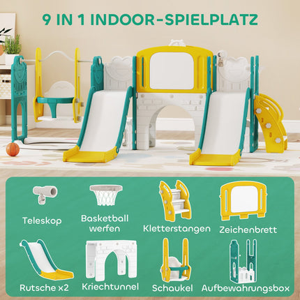 Set tobogan și leagăn pentru copii mici cu coș de baschet, galben/verde
