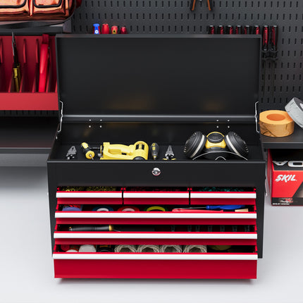 Steel tool box with lock & handle, 6 drawers, 60x26x34 cm