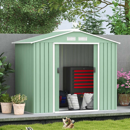Magazin pentru scule cu usi glisante Magazin de gradina din otel, rezistent la intemperii, cu fundatie, verde deschis, 213X130X185Cm