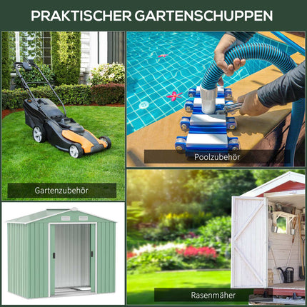 Magazin pentru scule cu usi glisante Magazin de gradina din otel, rezistent la intemperii, cu fundatie, verde deschis, 213X130X185Cm