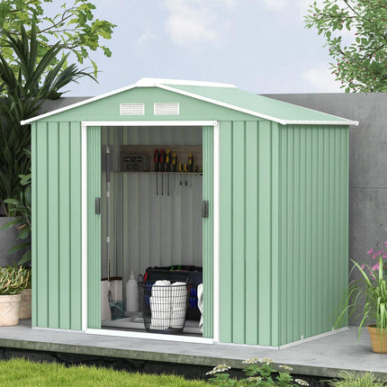 Magazin pentru scule cu usi glisante Magazin de gradina din otel, rezistent la intemperii, cu fundatie, verde deschis, 213X130X185Cm