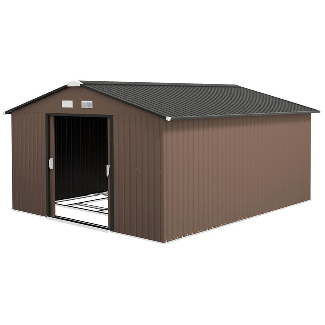 Magazin pentru scule 12,4 m², magazie de gradina cu acoperis pentu, usa glisanta, fundatie, 340 x 386 x 200 cm, magazie pentru scule din otel galvanizat, rezistent la intemperii, pentru gradina, maro