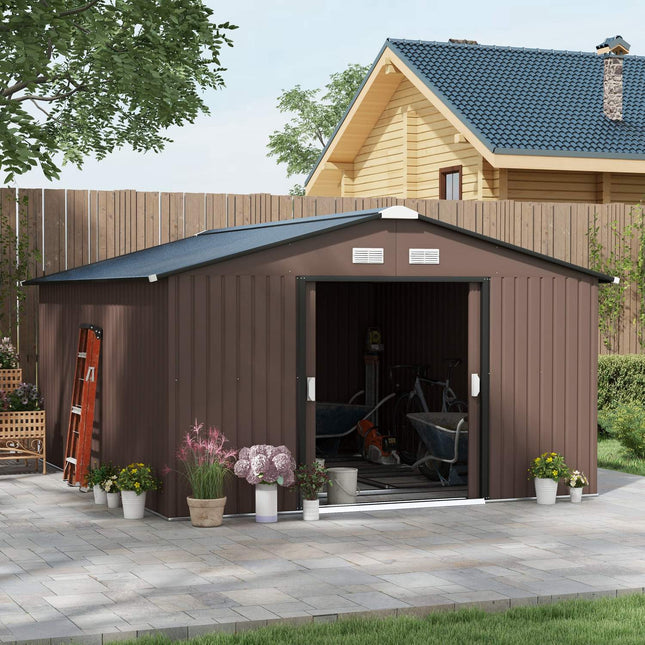 Magazin pentru scule 12,4 m², magazie de gradina cu acoperis pentu, usa glisanta, fundatie, 340 x 386 x 200 cm, magazie pentru scule din otel galvanizat, rezistent la intemperii, pentru gradina, maro
