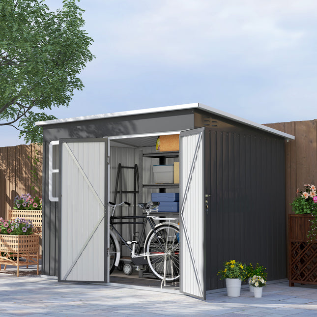 Magazin pentru scule 4,13 m³, magazie de gradina, 260 x 177 x 190 cm, magazie pentru scule cu fereastra, usa cu incuietoare, garaj pentru biciclete, dulap de gradina din otel, pentru curte, gradina, gri inchis |