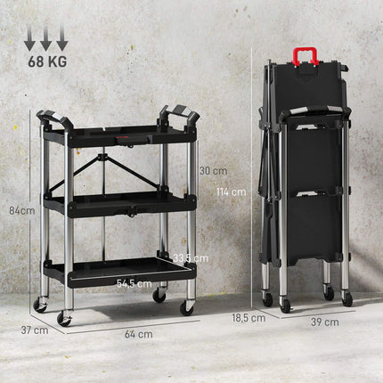 Cărucior de scule, cărucior de scule pliabil cu 3 niveluri, plastic, oțel, negru