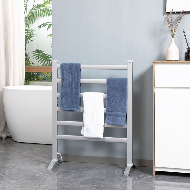 Electric towel rail, 6 rods, white aluminium, bathroom