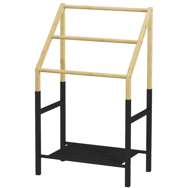 Suport pentru prosoape, independent, 3 bare, 51x31x85,5cm, negru/lemn natural