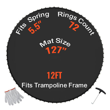Trampoline Replacement Mat for 12 ft Round Frame, 72 V-Rings, 5.5 in Springs