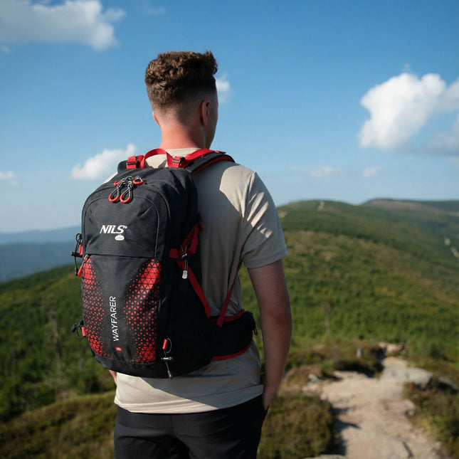 Rucsac de călătorie 35L, roșu – ventilat, husă de ploaie