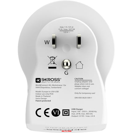 Travel adapter Europe to USA etc. 2xUSB-A 12W Grounded