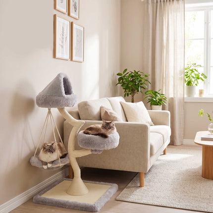 Tree-Shaped Cat Tree 115 cm with 2 Washable Beds and Hammock, Light Grey
