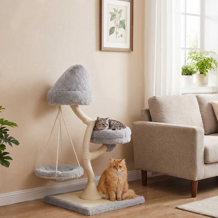 Tree-Shaped Cat Tree 115 cm with 2 Washable Beds and Hammock, Light Grey