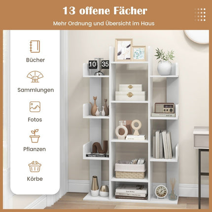 Bibliotecă în formă de copac cu 13 compartimente deschise 86 x 24,5 x 141 cm alb