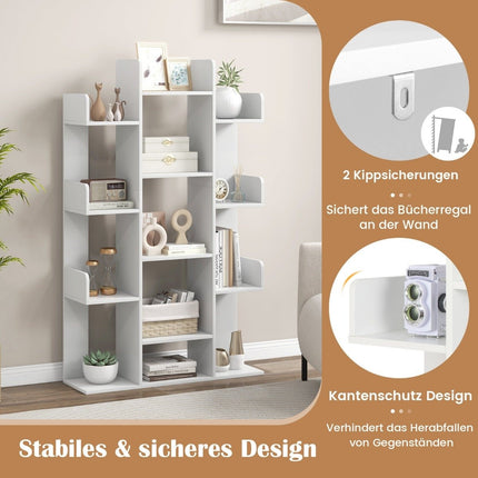 Bibliotecă în formă de copac cu 13 compartimente deschise 86 x 24,5 x 141 cm alb