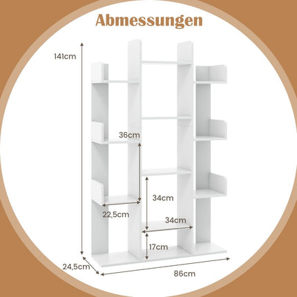 Bibliotecă în formă de copac cu 13 compartimente deschise 86 x 24,5 x 141 cm alb