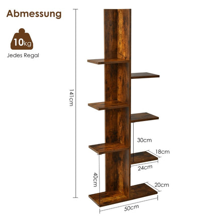 Tree-shaped bookcase with 8 shelves, free-standing shelf, office shelf, 50 x 20 x 141 cm, brown