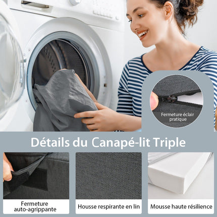 Saltea extensibilă triplă, 15 cm, cu pernă, gri închis