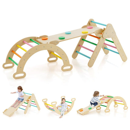Triangular wooden climbing toy set for toddlers with colorful climbing triangle