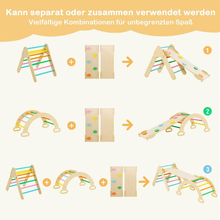 Triangular wooden climbing toy set for toddlers with colorful climbing triangle