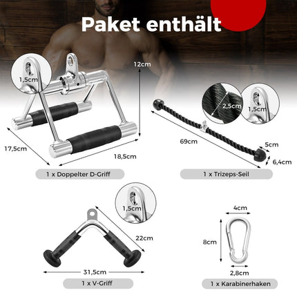 Set de atașamente pentru cabluri pentru triceps – prindere în V, prindere dublă în D, frânghie