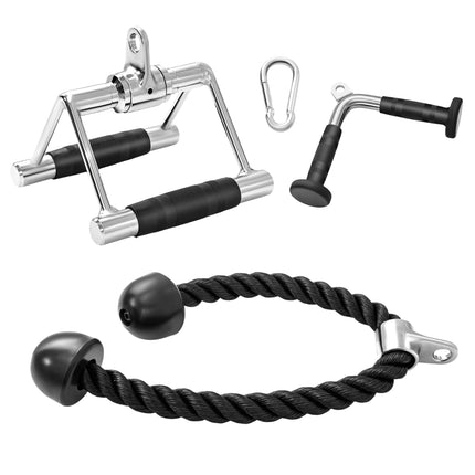 Set de atașamente pentru cabluri pentru triceps – prindere în V, prindere dublă în D, frânghie
