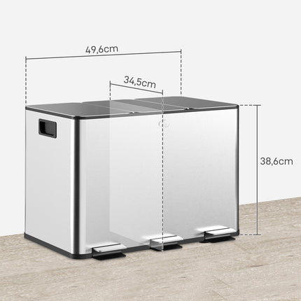 Triple Pedal Bin 3 x 10 L with Soft-Close Lids, Removable Buckets, Silver
