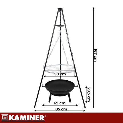Tripod Garden Grill 167 cm with 58 cm Stainless Steel Grate, Fire Pit