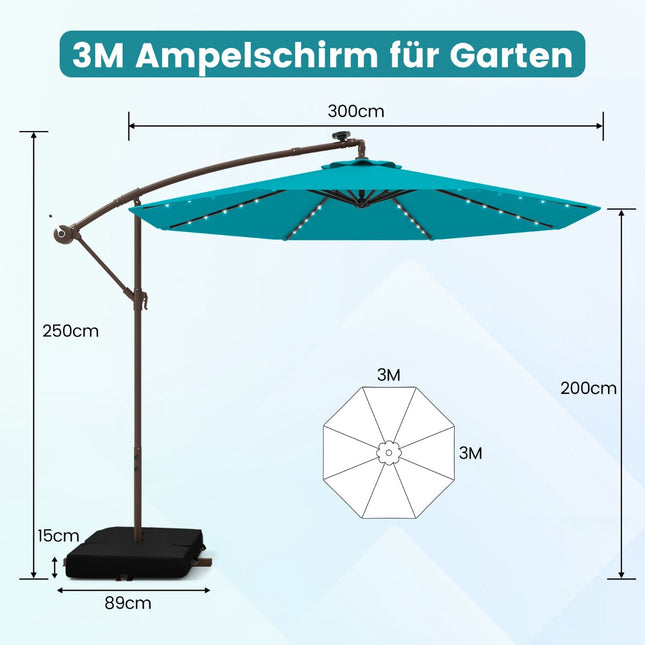 Umbrelă de terasă turcoaz de 3 m cu lumini LED solare și saci de nisip