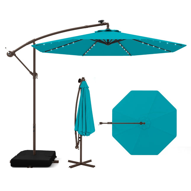 Umbrelă de terasă turcoaz de 3 m cu lumini LED solare și saci de nisip