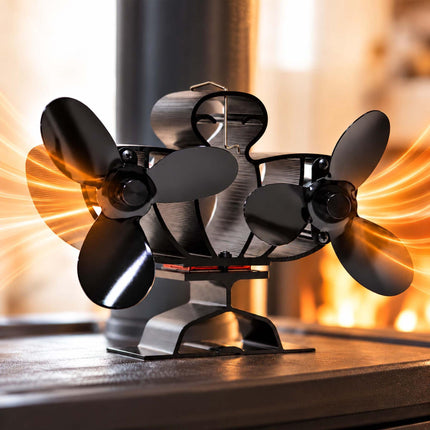 Twin Motor Stove Fan with 6 Blades, No Power Needed, Quiet, Black