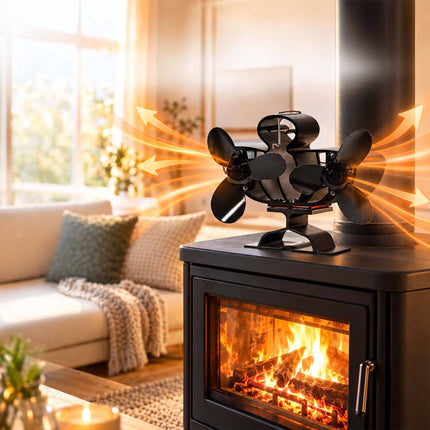 Twin Motor Stove Fan with 6 Blades, No Power Needed, Quiet, Black