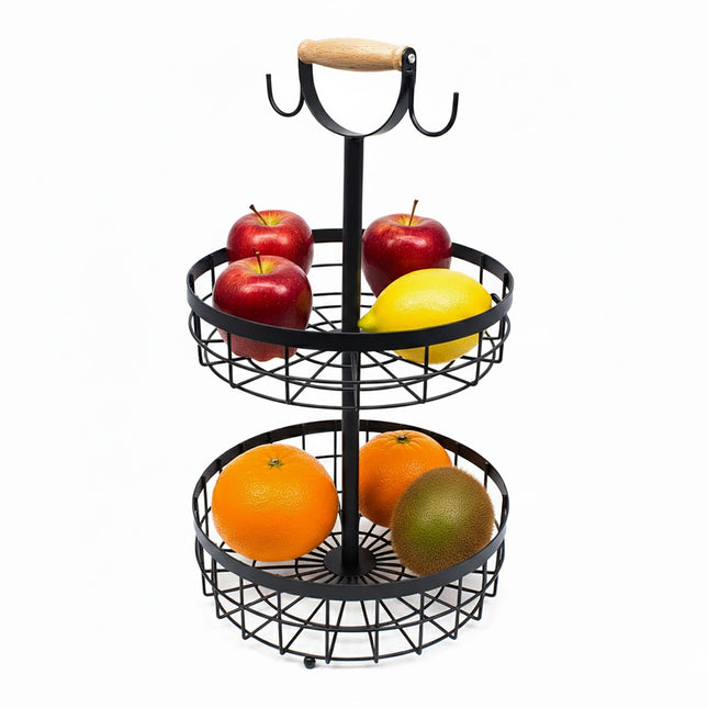 Coș metalic cu două niveluri pentru fructe și cârlige pentru banane