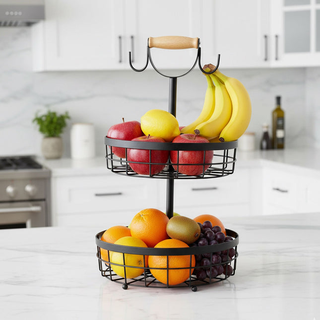 Coș metalic cu două niveluri pentru fructe și cârlige pentru banane