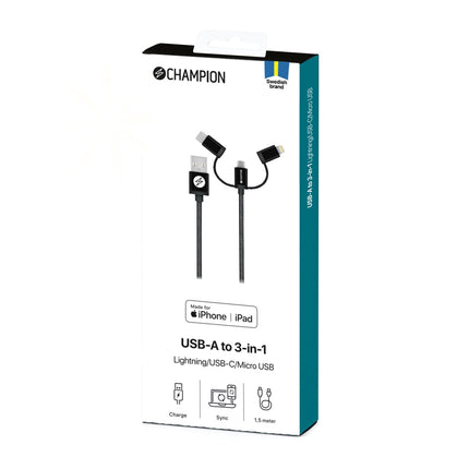 USB-A to Lightning, USB-C and Micro-USB 1.5m Black