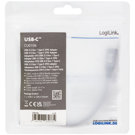 USB-C male to USB-A female OTG 15W 0.15m