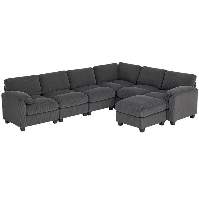 Canapea modulară în formă de U cu material din catifea reiată, gri închis, 292x224 cm