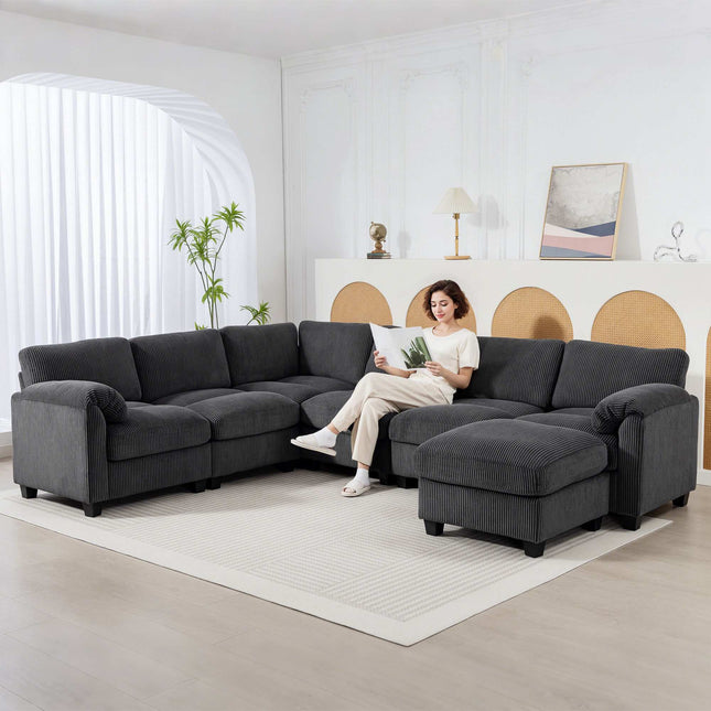 Canapea modulară în formă de U cu material din catifea reiată, gri închis, 292x224 cm