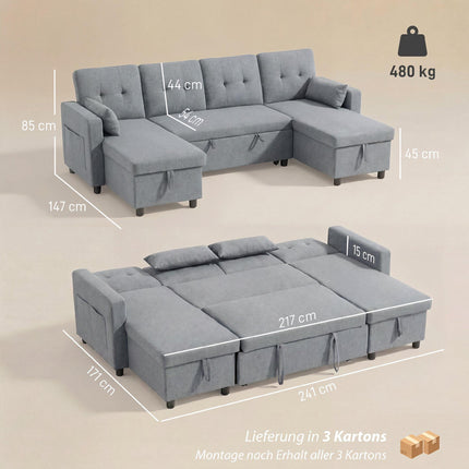 Canapea extensibilă modulară în formă de U, cu 4 locuri, spațiu de depozitare, gri