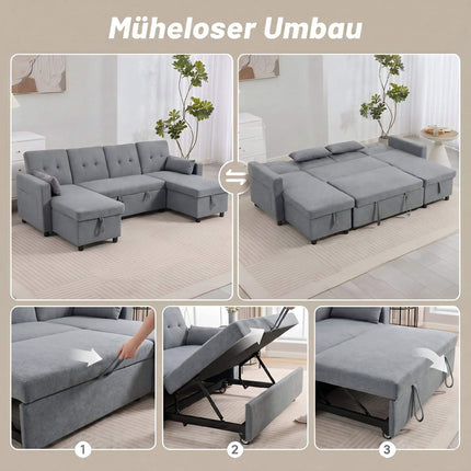Canapea extensibilă modulară în formă de U, cu 4 locuri, spațiu de depozitare, gri