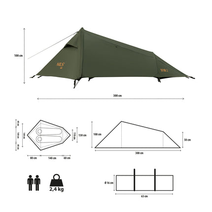 Cort ultra ușor pentru 2 persoane, verde, camping compact