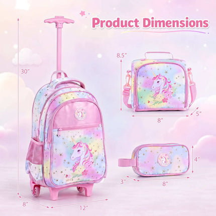 Set de 3 rucsacuri cu roți Unicorn, cu geantă de prânz și husă
