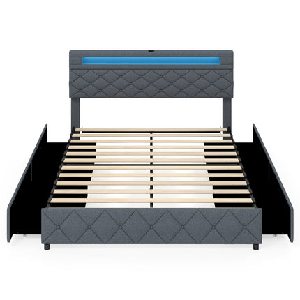 Cadru de pat tapițat 160x200 cm cu LED, USB, sertare