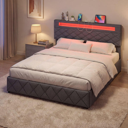 Cadru de pat tapițat 160x200 cm cu LED, USB, sertare