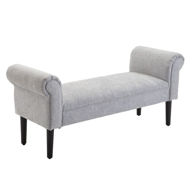 Elegant light gray upholstered bench with rolled sides