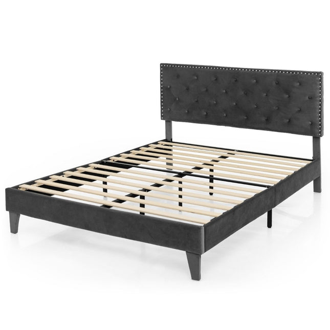 Cadru pat matrimonial tapitat, 200x180 cm, gri, cu lamele