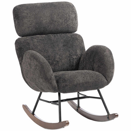 Upholstered Rocking Chair for Reading, Adjustable Headrest, Dark Grey