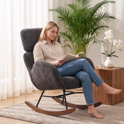 Upholstered Rocking Chair for Reading, Adjustable Headrest, Dark Grey
