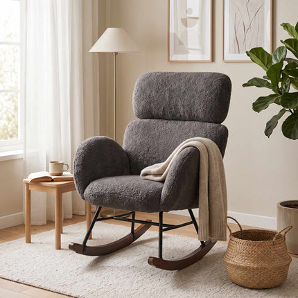 Upholstered Rocking Chair for Reading, Adjustable Headrest, Dark Grey