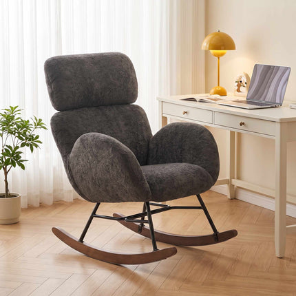 Upholstered Rocking Chair for Reading, Adjustable Headrest, Dark Grey