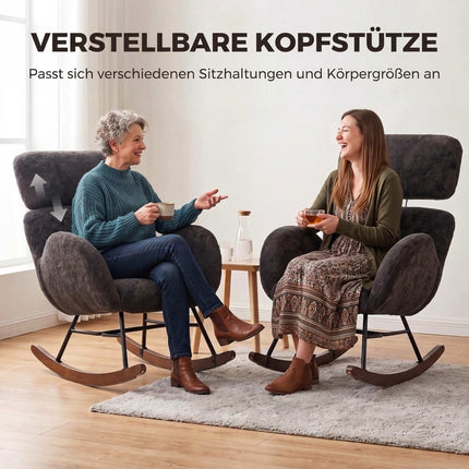 Upholstered Rocking Chair for Reading, Adjustable Headrest, Dark Grey